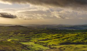 Preview wallpaper valley, clouds, relief, landscape, green