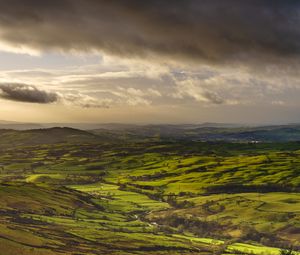 Preview wallpaper valley, clouds, relief, landscape, green