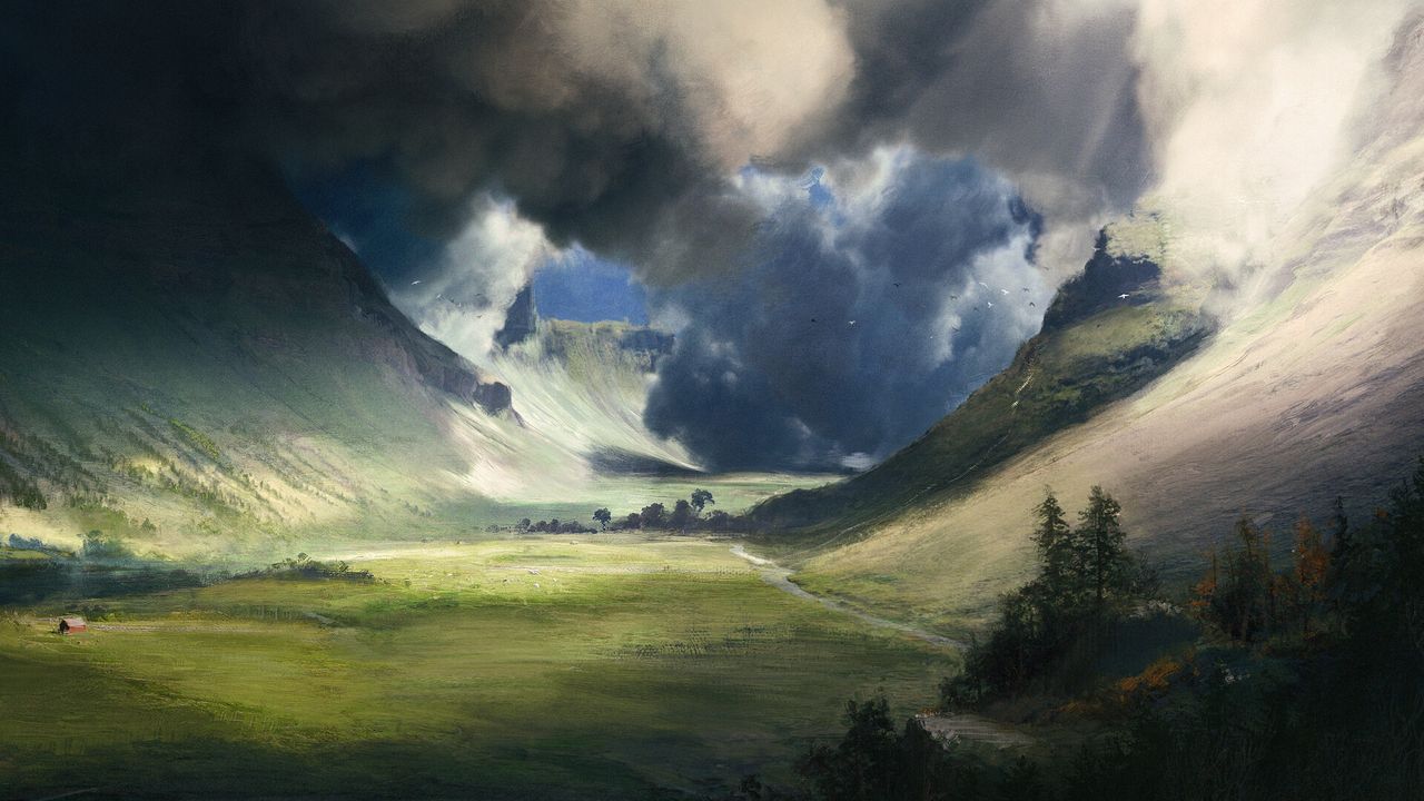 Wallpaper valley, field, clouds, landscape, art
