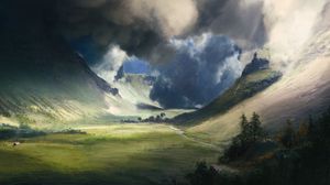 Preview wallpaper valley, field, clouds, landscape, art