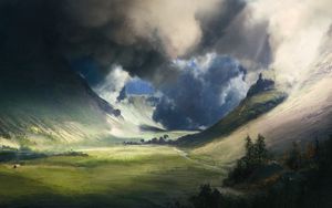 Preview wallpaper valley, field, clouds, landscape, art