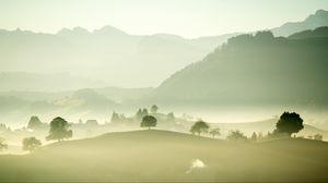 Preview wallpaper valley, fog, trees, mountains