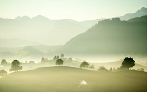 Preview wallpaper valley, fog, trees, mountains