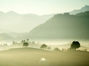 Preview wallpaper valley, fog, trees, mountains