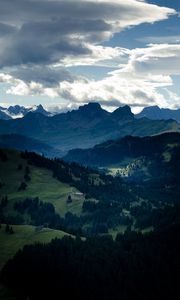 Preview wallpaper valley, forest, mountains, clouds