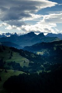 Preview wallpaper valley, forest, mountains, clouds