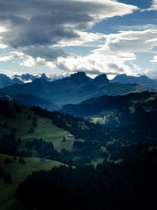 Preview wallpaper valley, forest, mountains, clouds