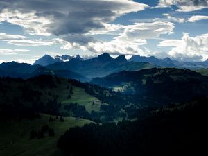 Preview wallpaper valley, forest, mountains, clouds