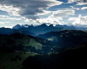 Preview wallpaper valley, forest, mountains, clouds