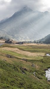 Preview wallpaper valley, grass, mountain, fog