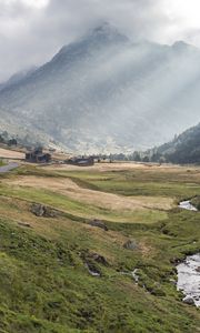 Preview wallpaper valley, grass, mountain, fog