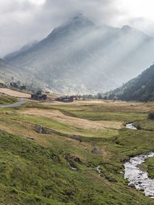 Preview wallpaper valley, grass, mountain, fog