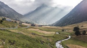 Preview wallpaper valley, grass, mountain, fog