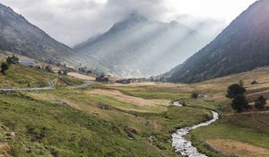 Preview wallpaper valley, grass, mountain, fog