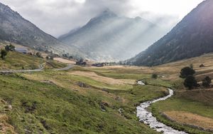 Preview wallpaper valley, grass, mountain, fog