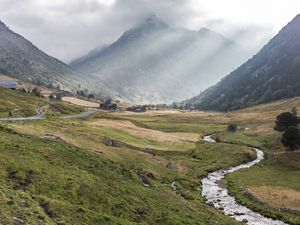 Preview wallpaper valley, grass, mountain, fog