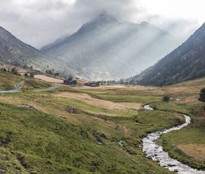 Preview wallpaper valley, grass, mountain, fog