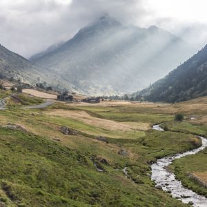 Preview wallpaper valley, grass, mountain, fog