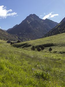 Preview wallpaper valley, grass, mountains, landscape, nature