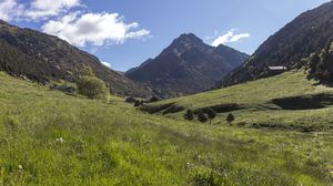 Preview wallpaper valley, grass, mountains, landscape, nature