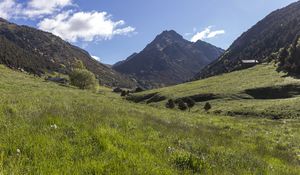 Preview wallpaper valley, grass, mountains, landscape, nature