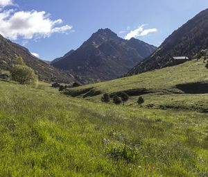 Preview wallpaper valley, grass, mountains, landscape, nature