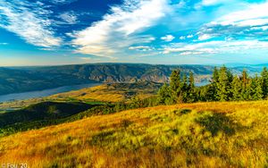 Preview wallpaper valley, grass, river, relief, rocks