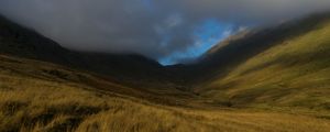 Preview wallpaper valley, hills, clouds, grass, landscape