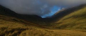 Preview wallpaper valley, hills, clouds, grass, landscape