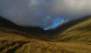 Preview wallpaper valley, hills, clouds, grass, landscape