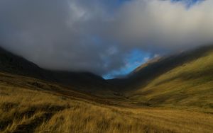 Preview wallpaper valley, hills, clouds, grass, landscape