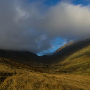 Preview wallpaper valley, hills, clouds, grass, landscape