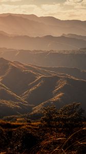 Preview wallpaper valley, hills, fog, trees, grass