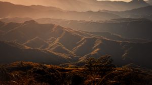 Preview wallpaper valley, hills, fog, trees, grass