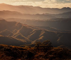 Preview wallpaper valley, hills, fog, trees, grass