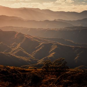 Preview wallpaper valley, hills, fog, trees, grass