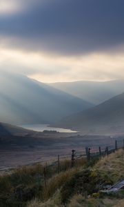 Preview wallpaper valley, hills, fog, lake