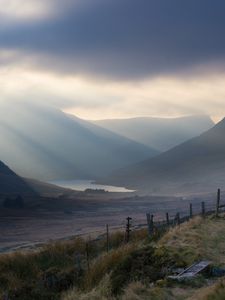 Preview wallpaper valley, hills, fog, lake