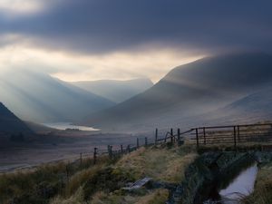 Preview wallpaper valley, hills, fog, lake