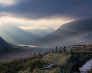 Preview wallpaper valley, hills, fog, lake