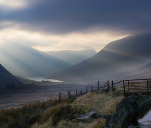 Preview wallpaper valley, hills, fog, lake