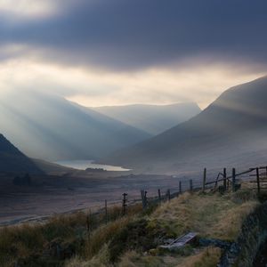 Preview wallpaper valley, hills, fog, lake