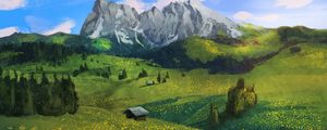 Preview wallpaper valley, hills, house, trees, mountains, art