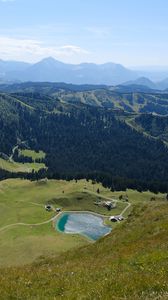 Preview wallpaper valley, hills, mountains, pond, nature