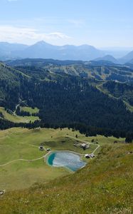 Preview wallpaper valley, hills, mountains, pond, nature