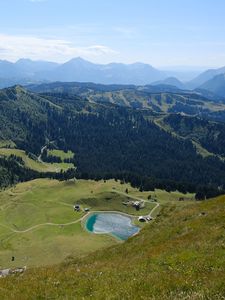 Preview wallpaper valley, hills, mountains, pond, nature