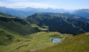 Preview wallpaper valley, hills, mountains, pond, nature