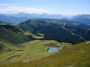 Preview wallpaper valley, hills, mountains, pond, nature