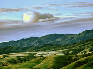 Preview wallpaper valley, hills, mountains, grass, green