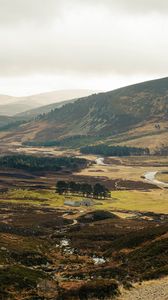 Preview wallpaper valley, hills, river, trees, grass, nature